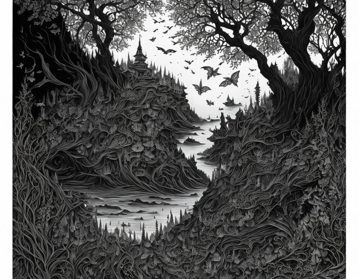 Detailed Monochromatic Artwork: Swirling Patterns of Trees, Water, Birds, and Eastern Architecture