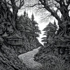 Detailed Monochromatic Artwork: Swirling Patterns of Trees, Water, Birds, and Eastern Architecture