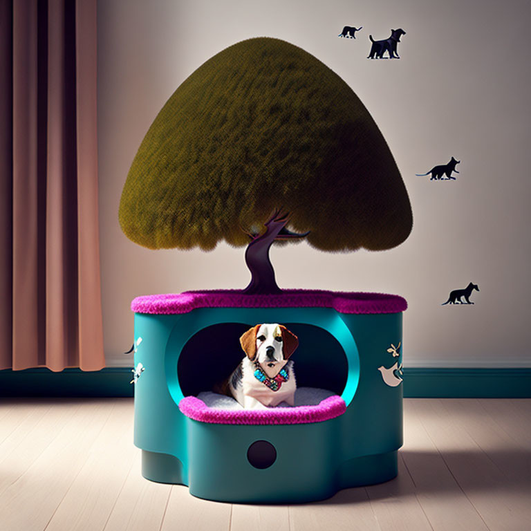 Whimsical house-shaped pet bed with tree canopy and animal silhouettes