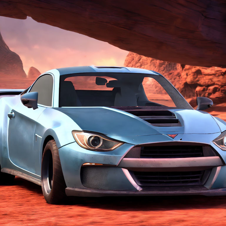 Stylized animated blue sports car with eyes in desert canyon environment