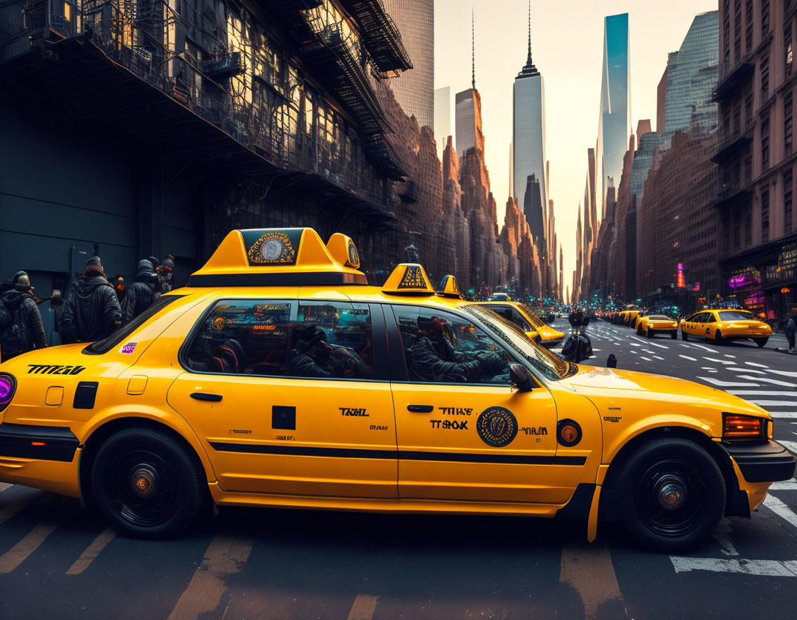 Busy New York City street with yellow taxis, pedestrians, and skyscrapers at dusk