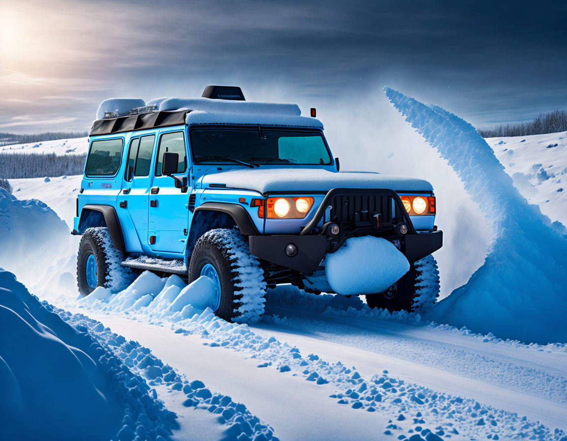 Blue Off-Road Vehicle Plowing Snow in Arctic Twilight