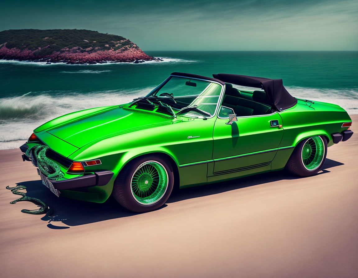 Vintage green convertible car parked on sandy terrain overlooking sea and hill