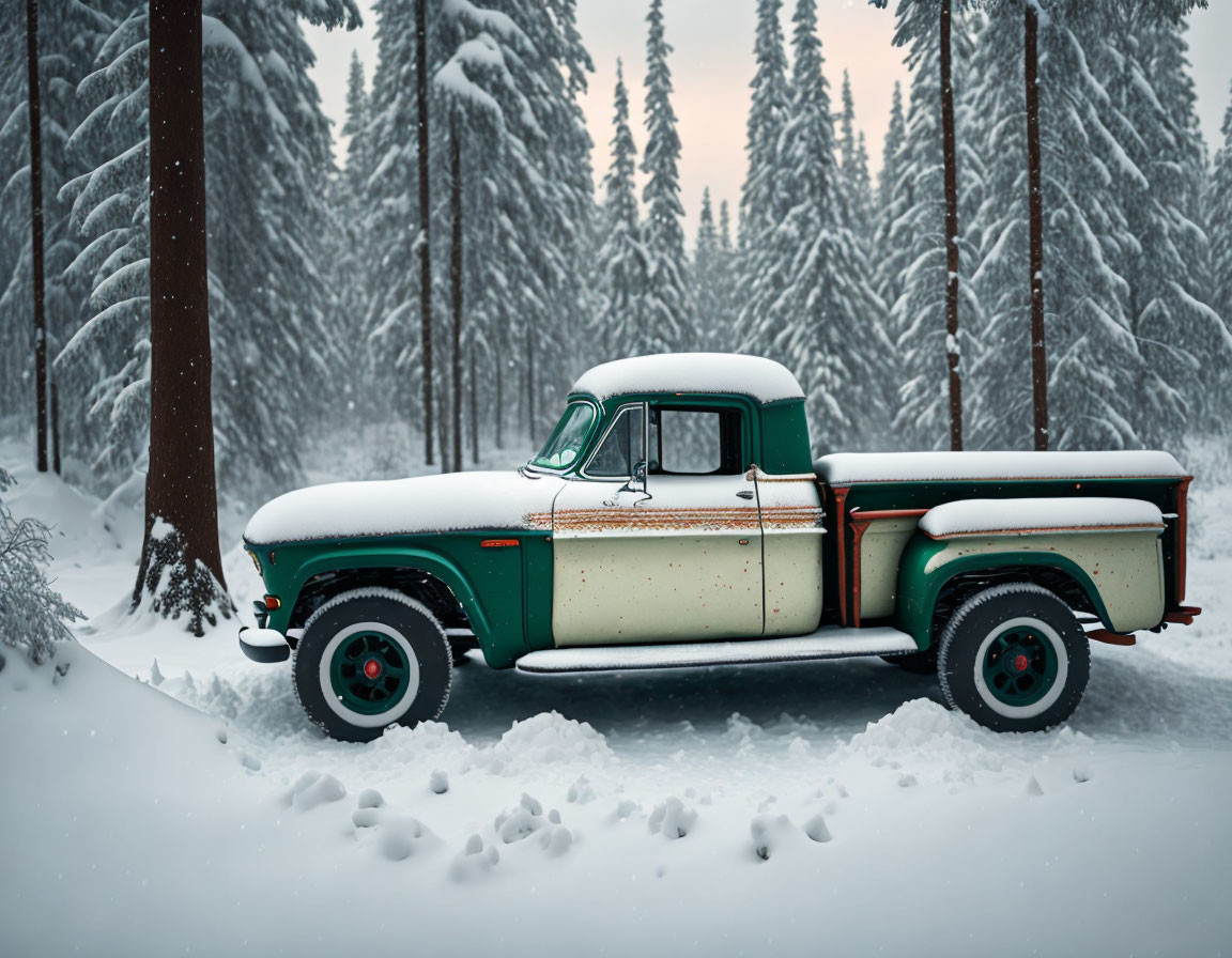 Snowy forest scene with vintage pickup truck under winter sky