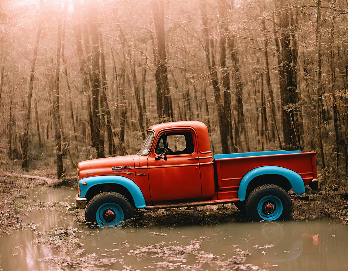 Vintage Red Pickup Truck in Sunlit Forest Clearing by Reflective Water Body