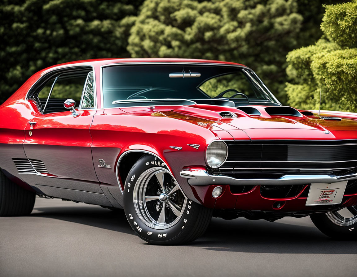 Red Chevrolet Camaro with Black Stripes and Chrome Bumpers Outdoors