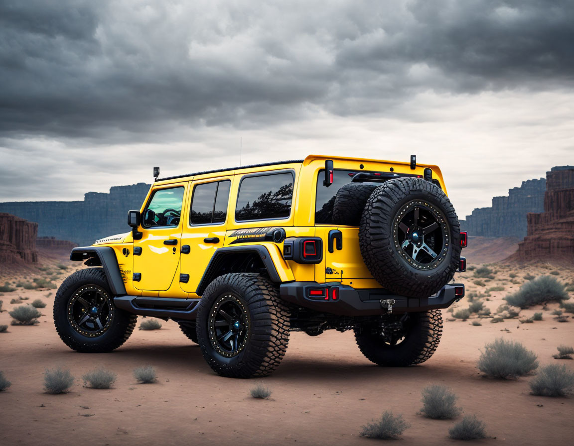 Yellow Off-Road Vehicle with Spare Tire in Desert Landscape