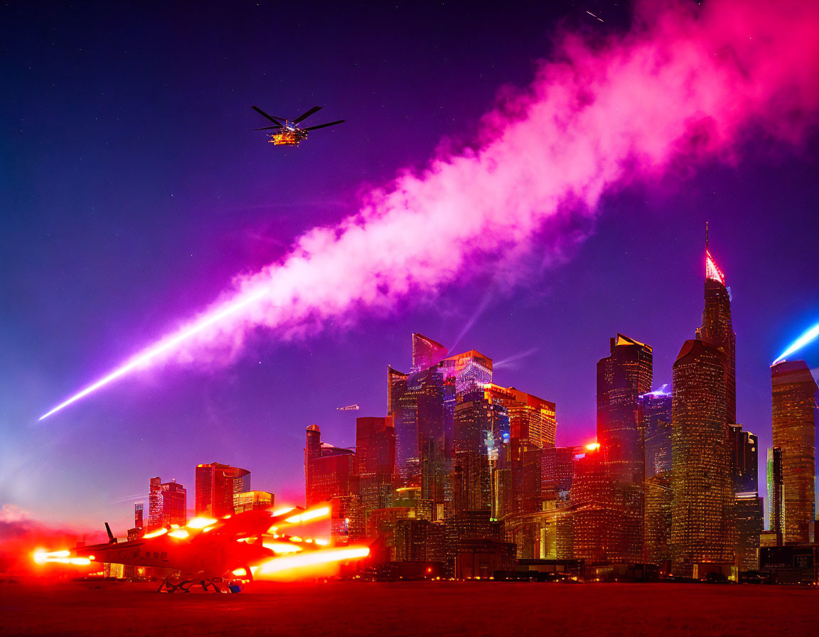 Vibrant futuristic cityscape with neon lights, helicopters, and starlit sky