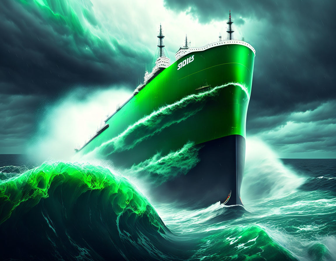 Giant green ship on surreal wave under emerald sky