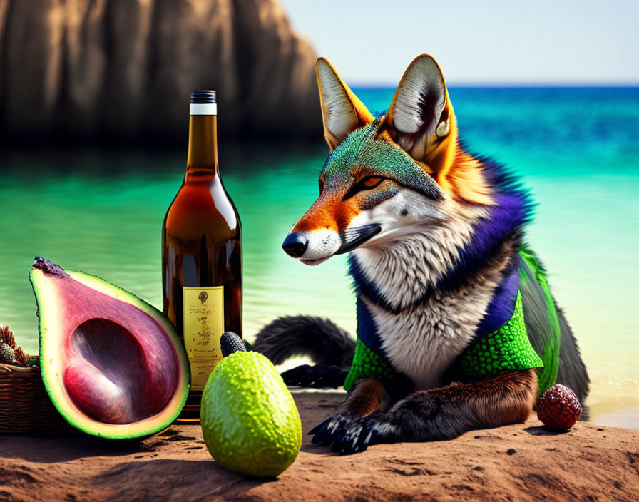 Vibrant Fox in Swimsuit on Beach with Tropical Fruit and Wine