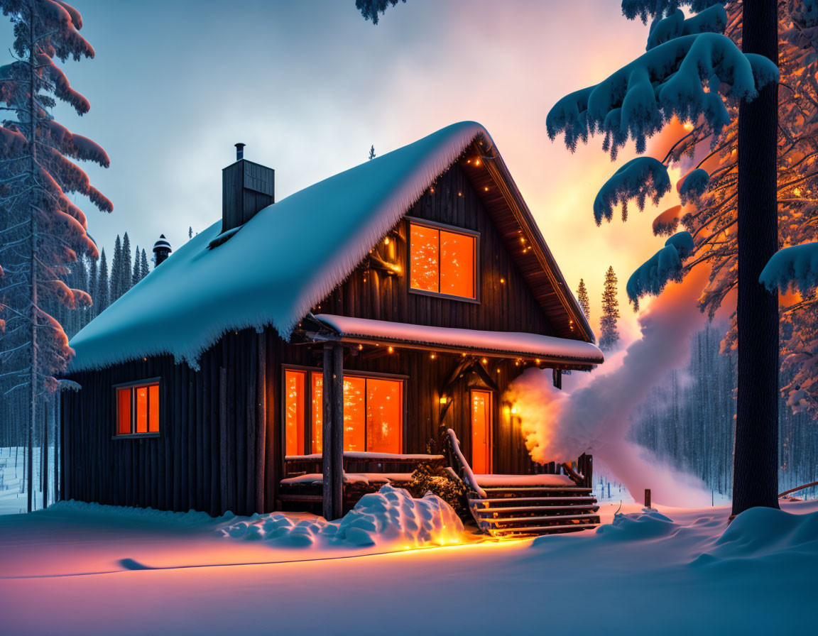 Snow-covered winter cabin surrounded by glowing windows at twilight