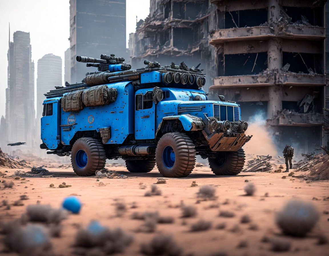 Blue Armored Vehicle with Mounted Weaponry in Dystopian Landscape