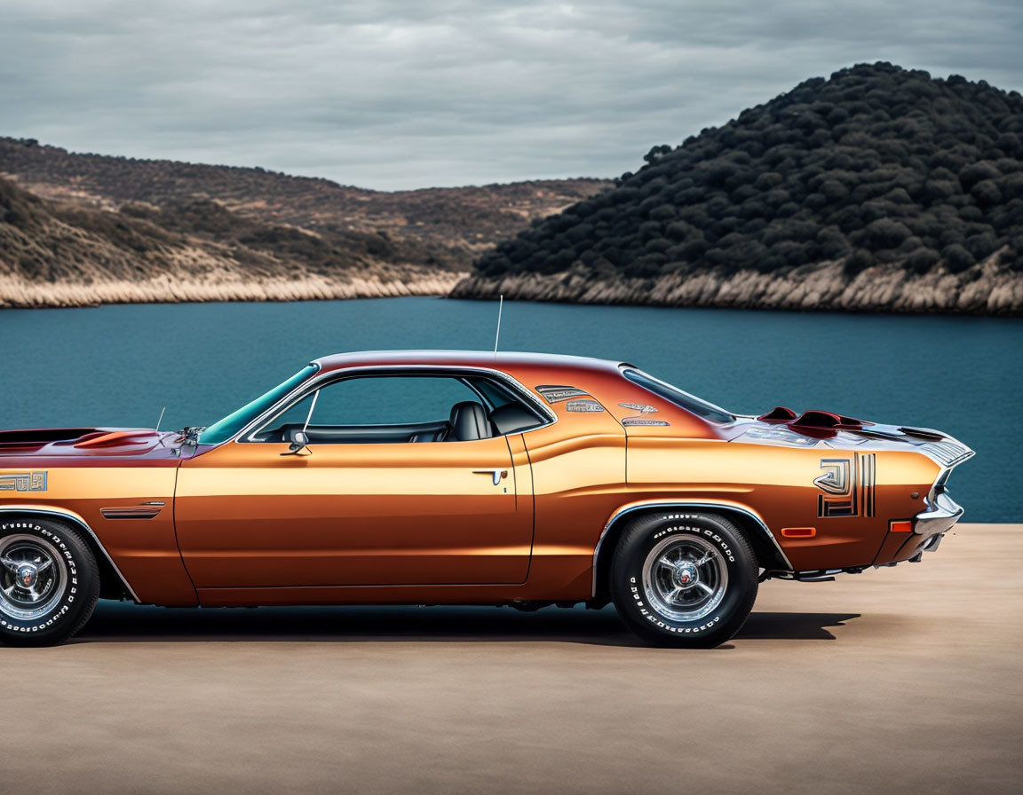 Vintage orange muscle car with black stripes and chrome details near serene lake and hills.