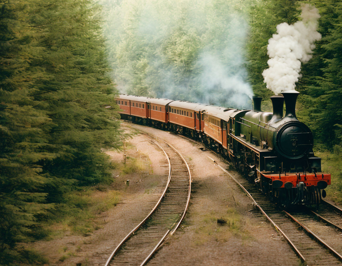 Vintage steam locomotive in dense forest emitting white smoke