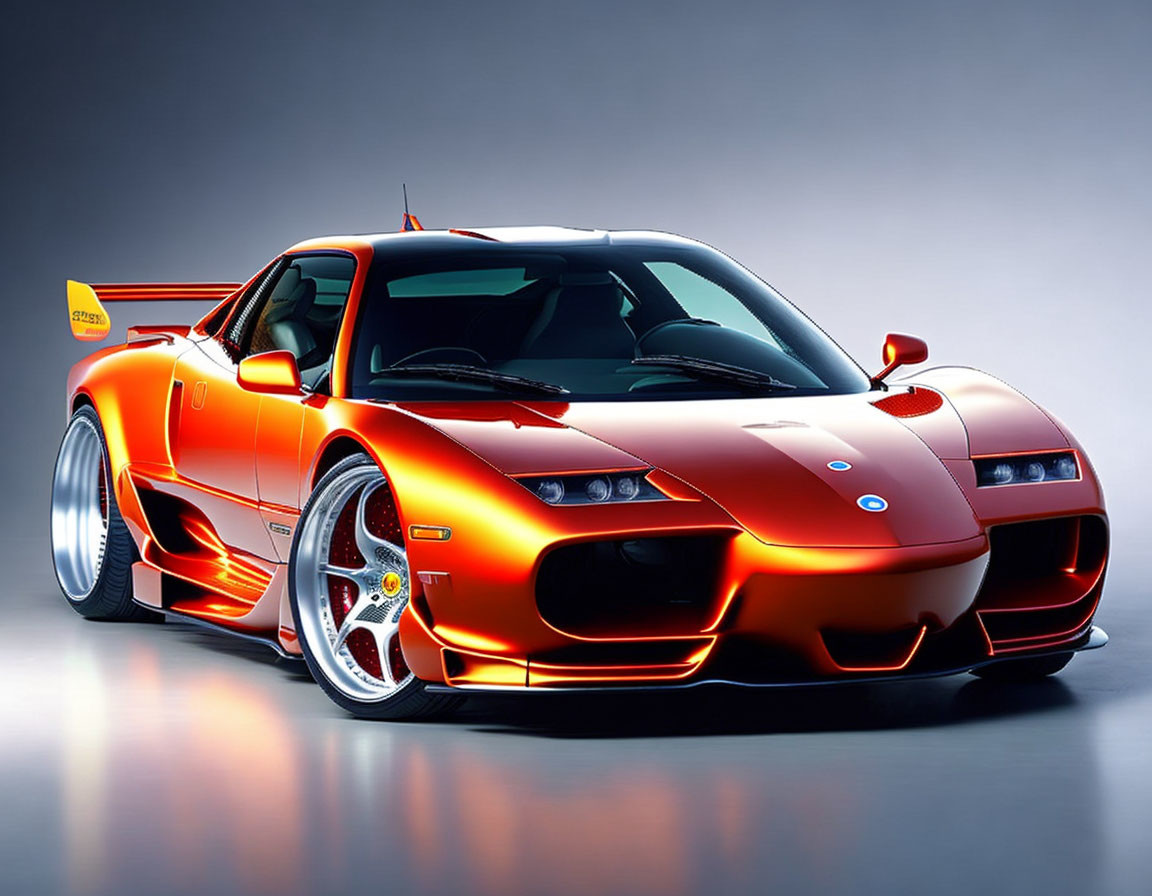 Vibrant orange sports car with wide body kit and large rear wing