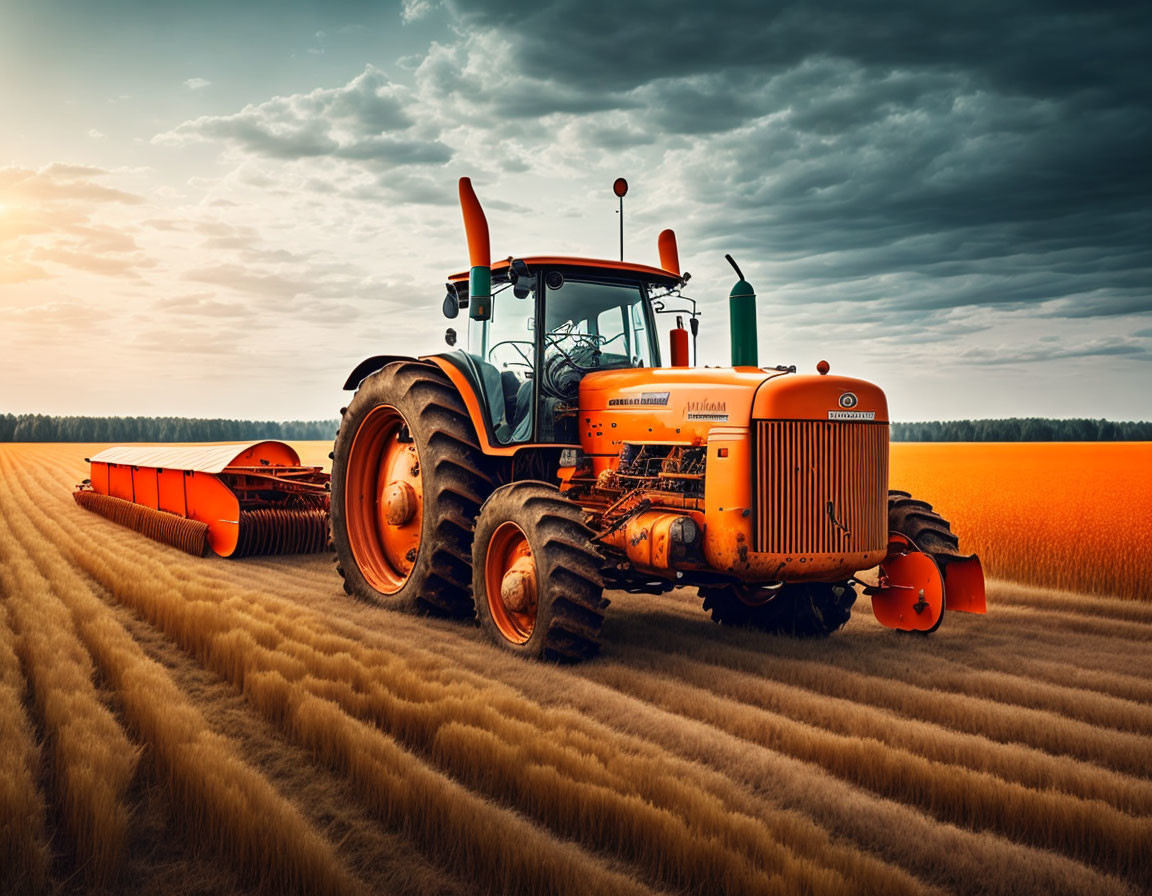 Orange tractor with agricultural machinery in golden wheat field at sunset