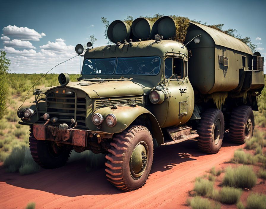 Military truck with six wheels in camouflage colors on sandy terrain