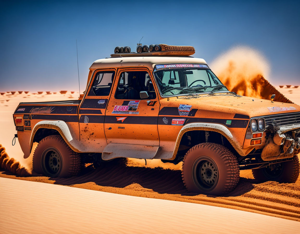 Off-road truck navigating sand dunes under blue sky