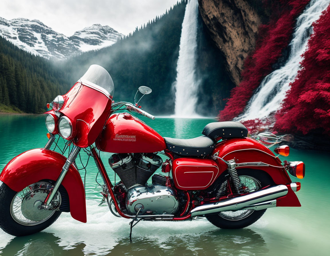 Red Motorcycle at Turquoise Lake with Waterfall and Snowy Mountains