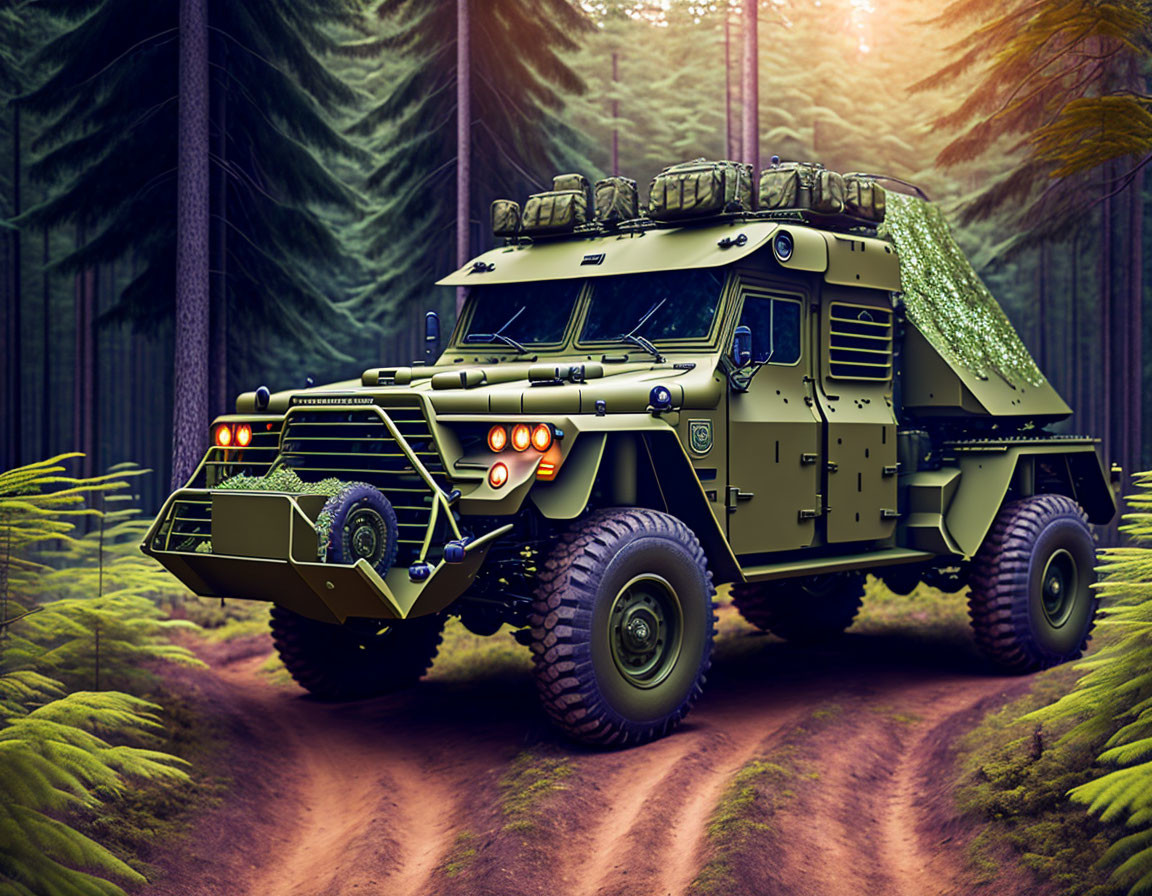 Armored military vehicle parked in forest with off-road tires