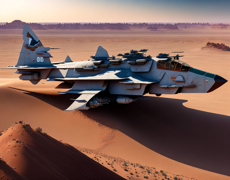 Blue and Gray Camouflage Fighter Jet Flying Low Over Desert Landscape