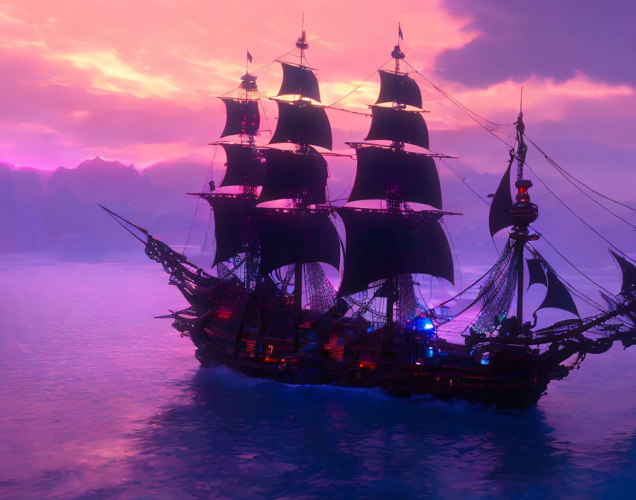 Majestic sailing ship with black sails on calm waters at purple and pink sunset