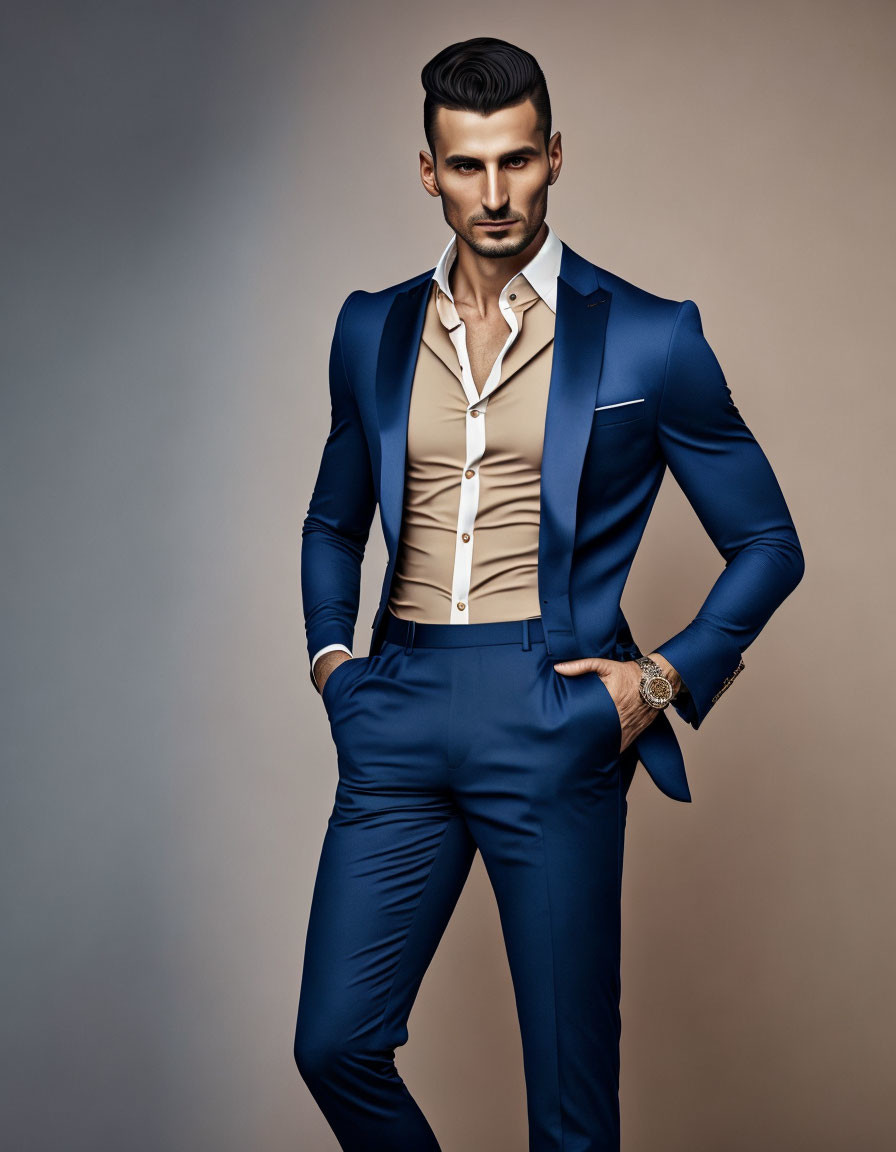 Stylish man in blue suit with hands in pockets on neutral background