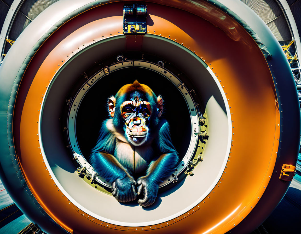 Primate with Striking Facial Markings in Circular Spacecraft Hatch