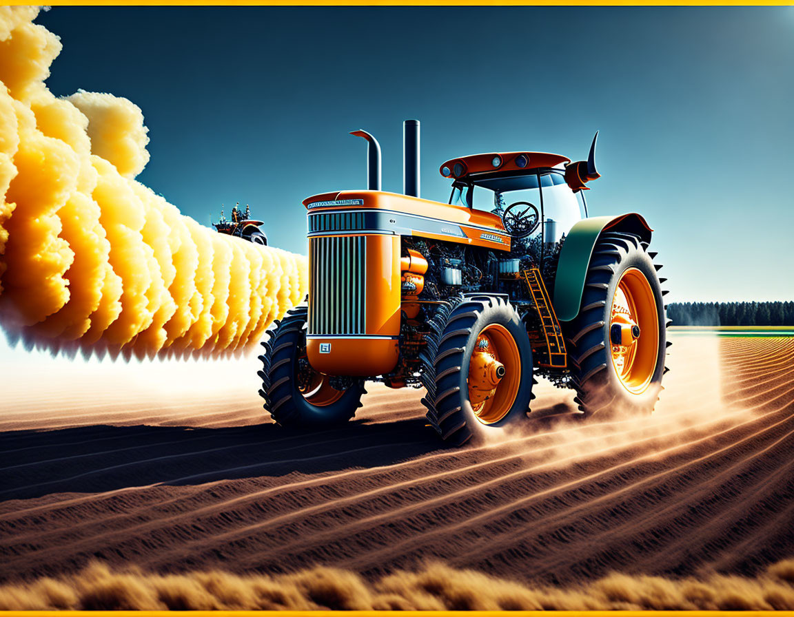 Large-wheeled orange tractor plowing field under blue sky