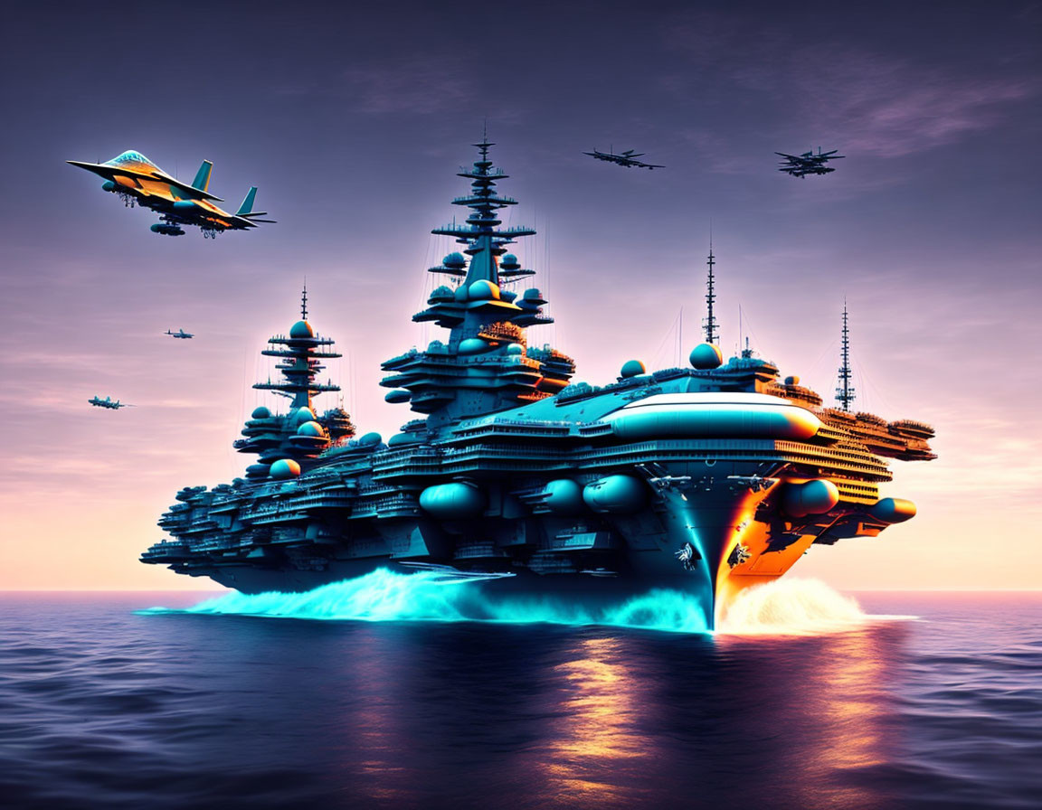 Futuristic battleship at sea with jets and antennas under purple-orange sunset