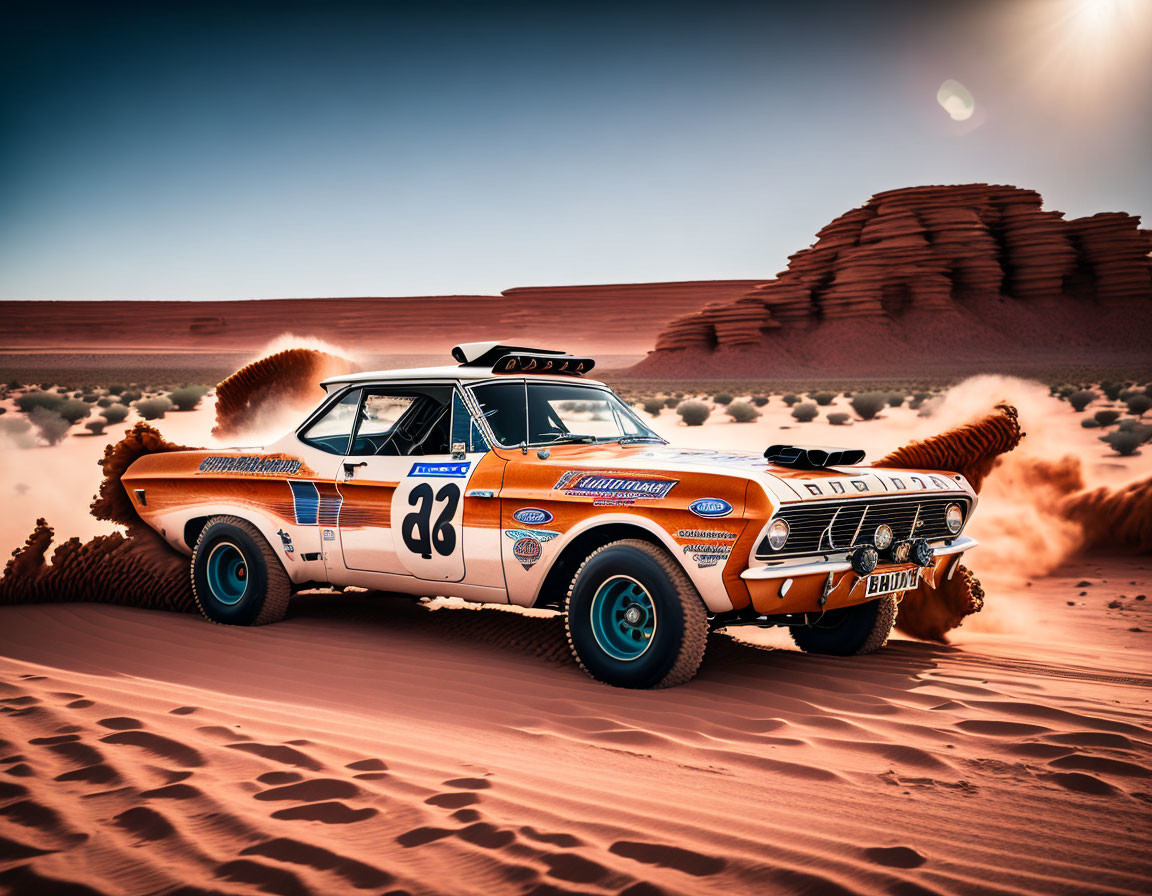 Vintage Rally Car Number 38 Racing in Desert Sands at Sunset