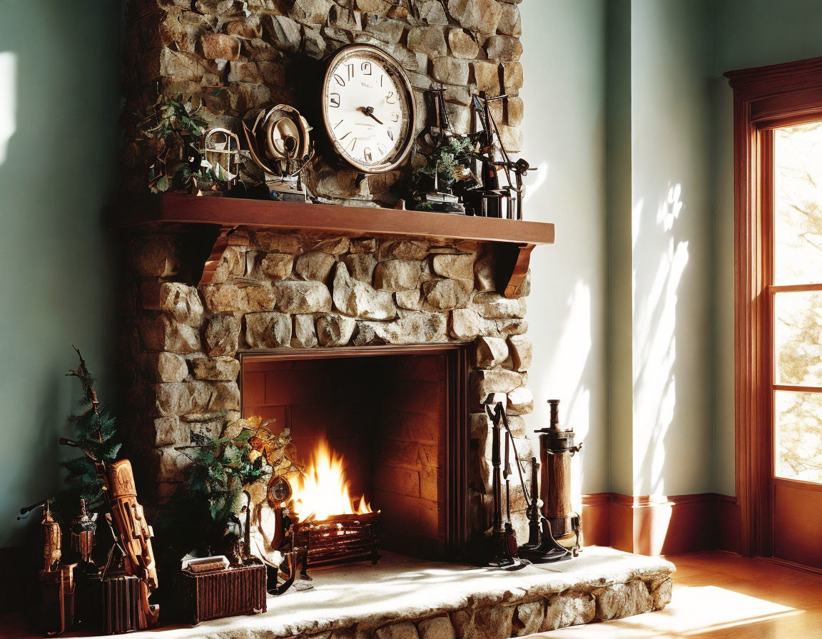 Warm fireplace with stone wall, wooden mantel, clock, and sunlight-filled window