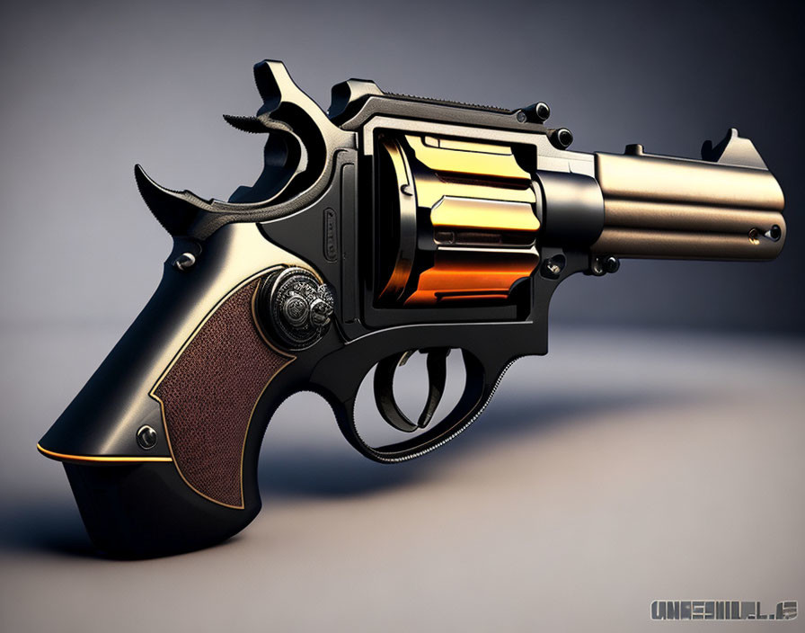 3D rendering of black metallic revolver with orange glow