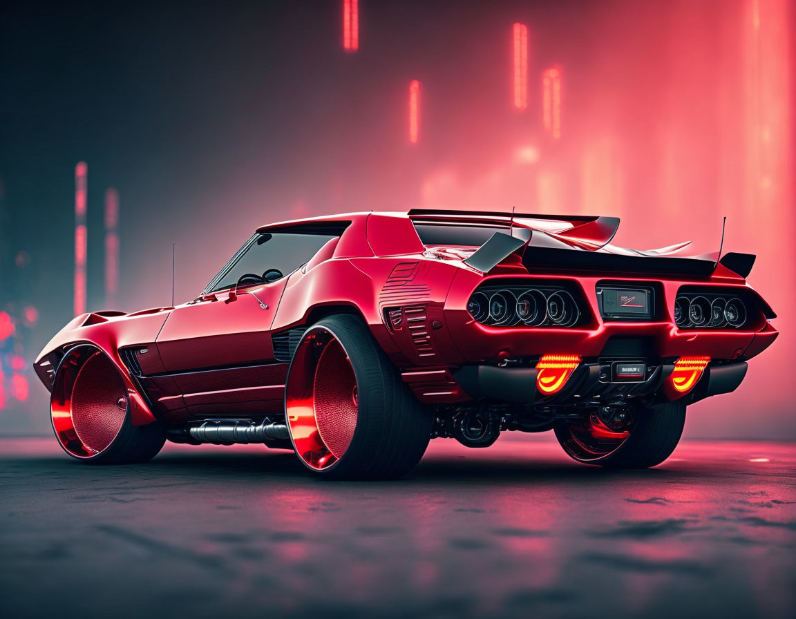 Futuristic red muscle car with glowing wheels on neon-lit backdrop