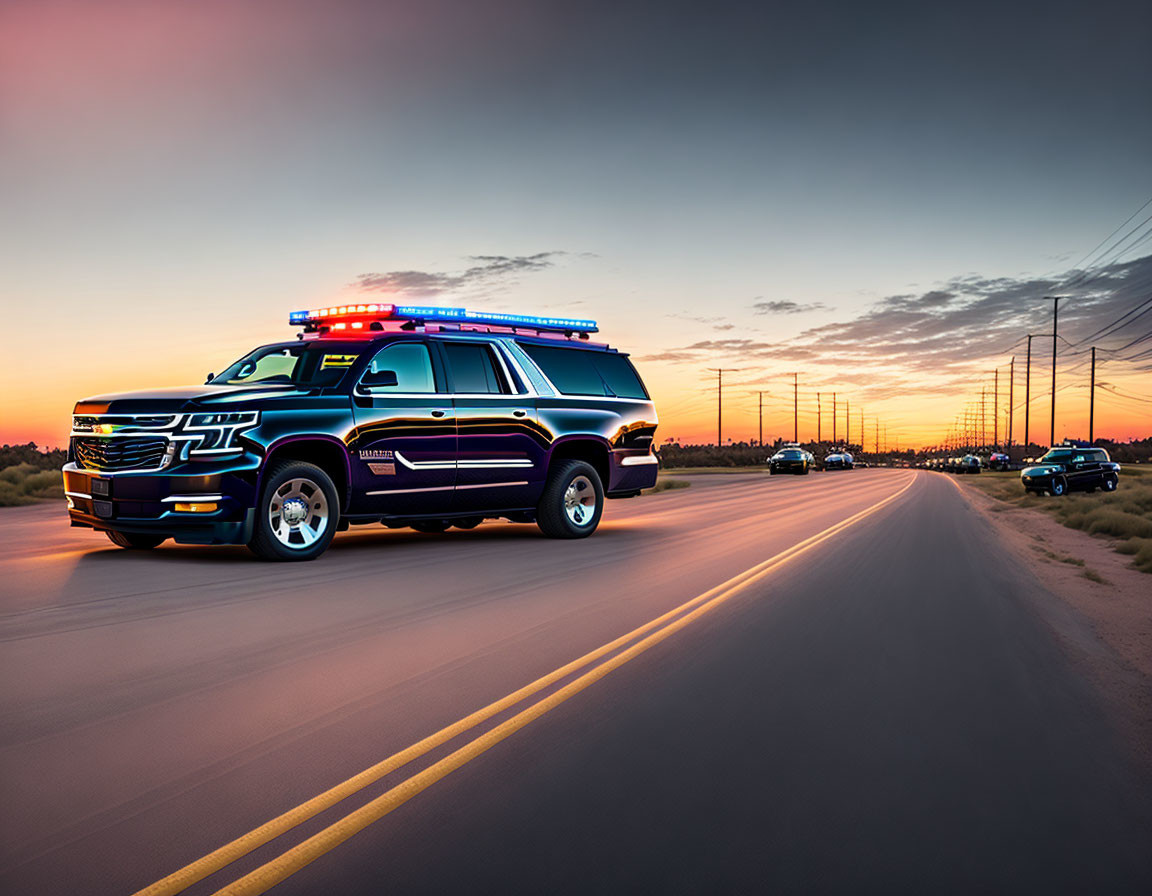 Police SUV with flashing lights parked at sunset among other vehicles