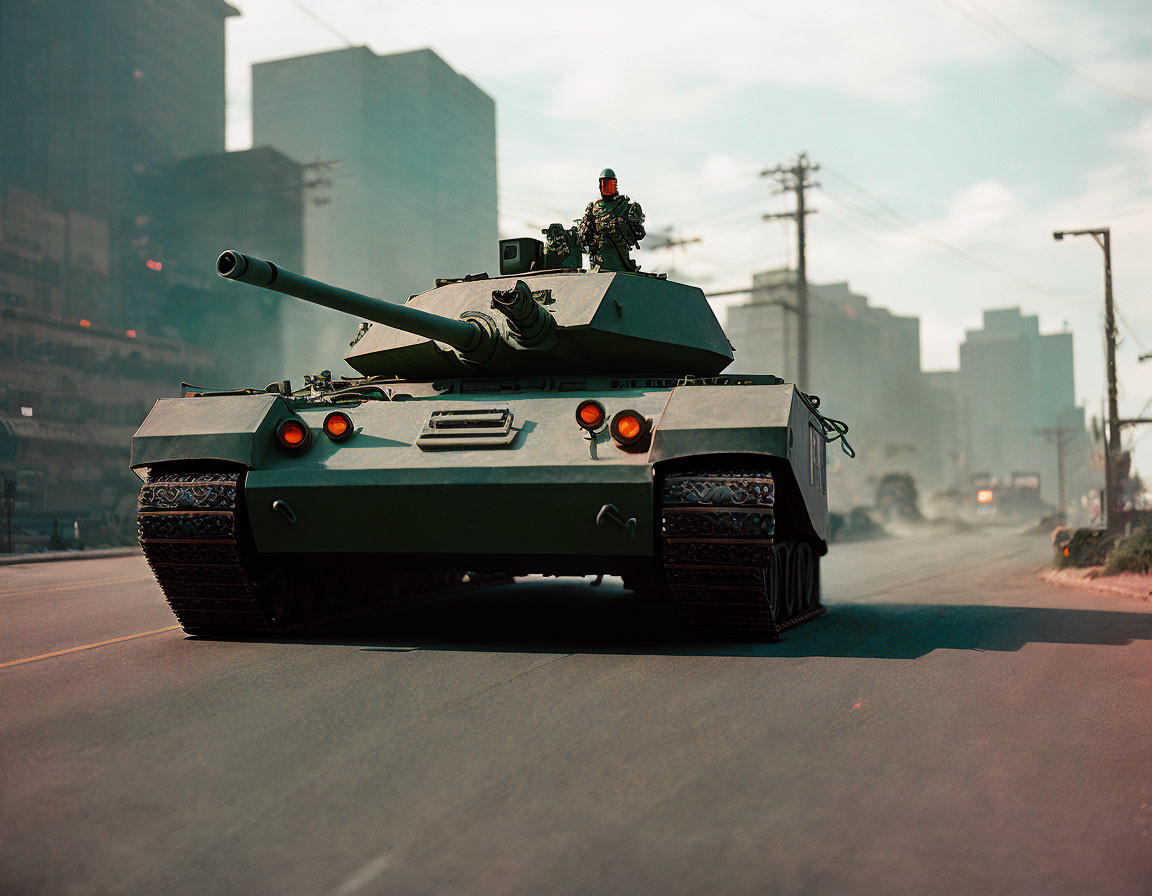 Military tank with soldier in urban setting and hazy background.