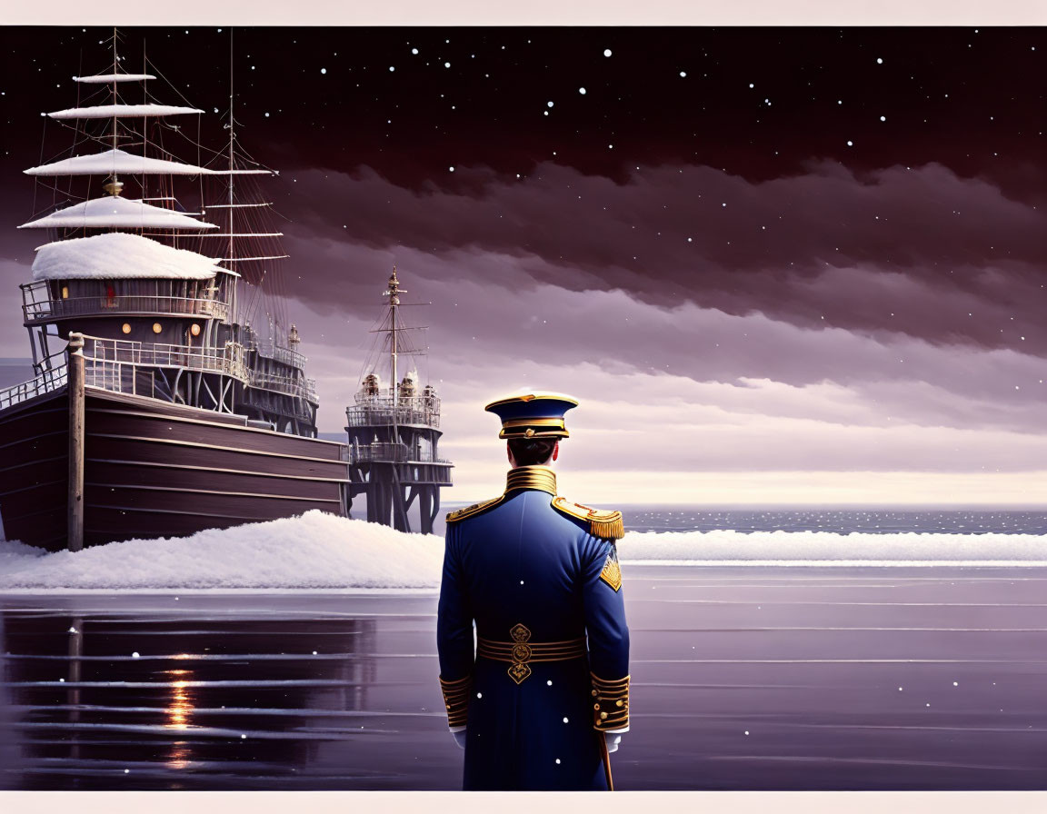 Naval Officer in Uniform Observing Vintage Ship at Snowy Shore