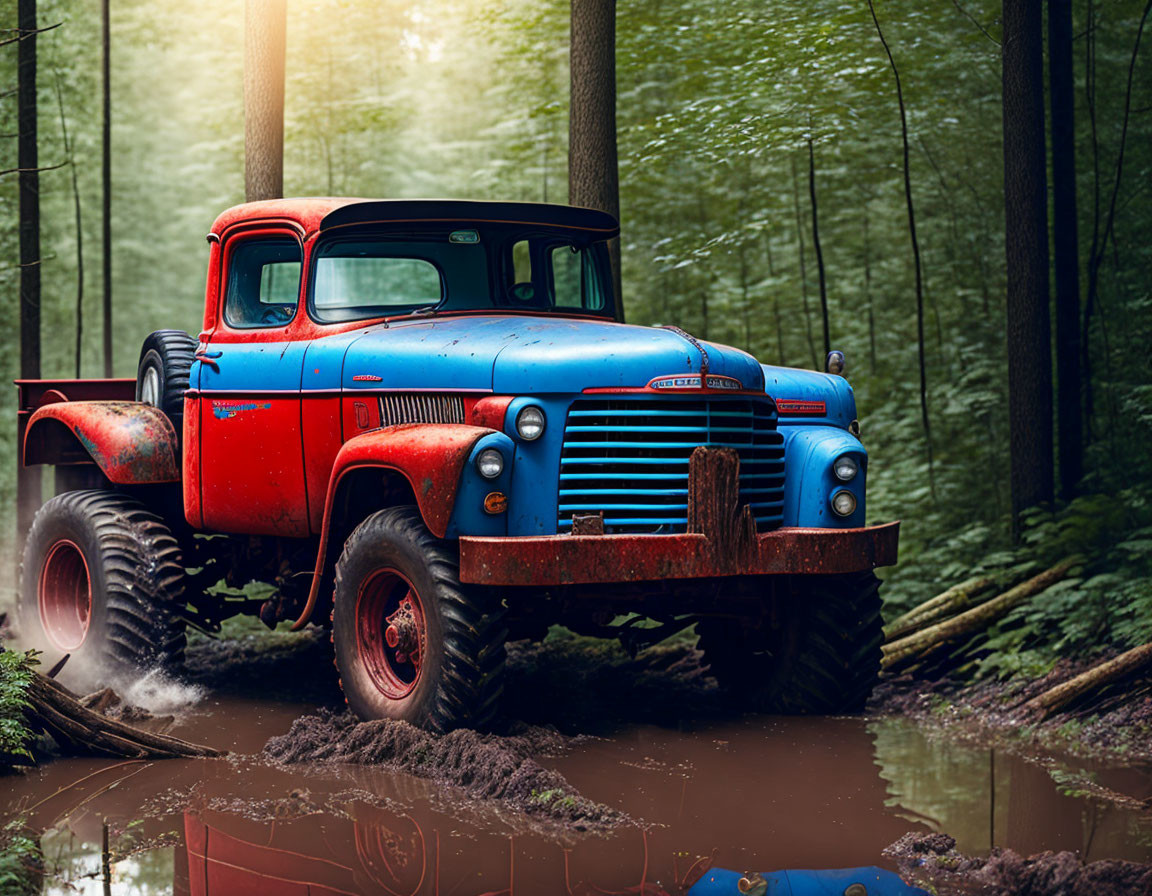 Vintage Blue and Red Truck on Muddy Forest Road by Water Body