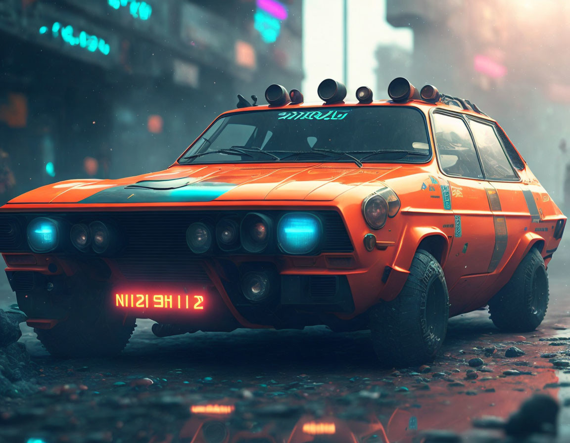 Retro-futuristic orange vehicle with multiple headlights in urban setting