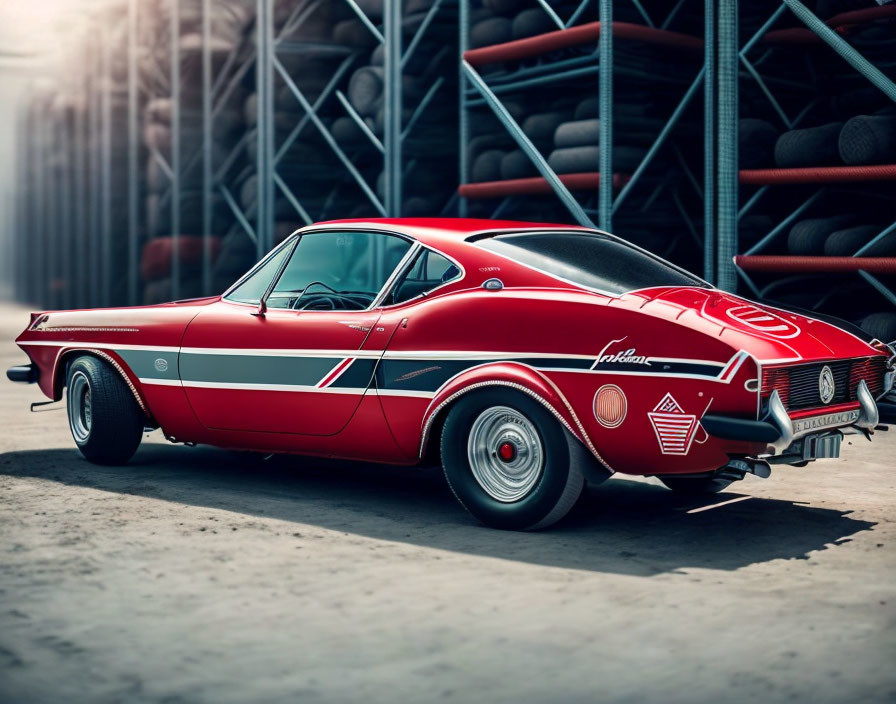 Classic Red Sports Car with White Stripes and Chrome Accents in Warehouse Setting