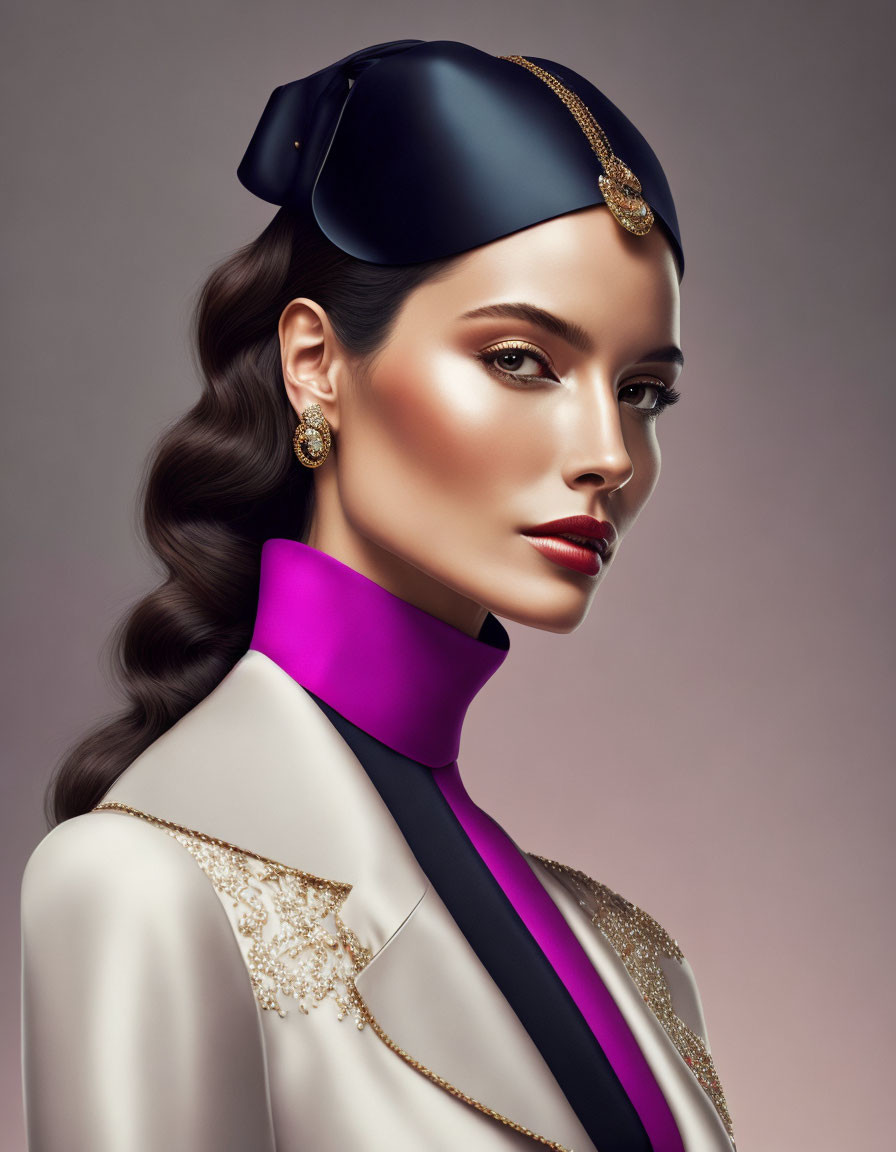 Illustrated woman with sleek braid in purple blouse, black blazer, and stylish hat with golden