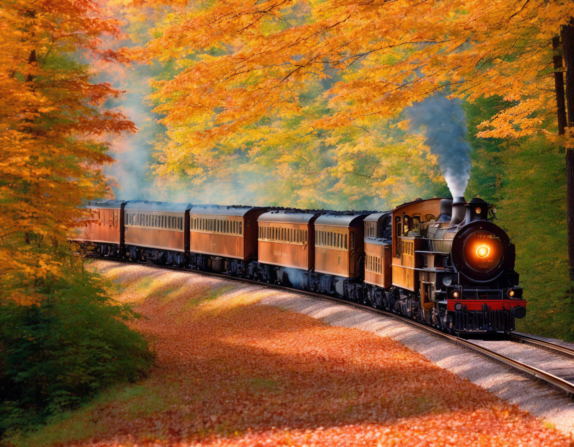 Vintage steam locomotive in vibrant autumn landscape