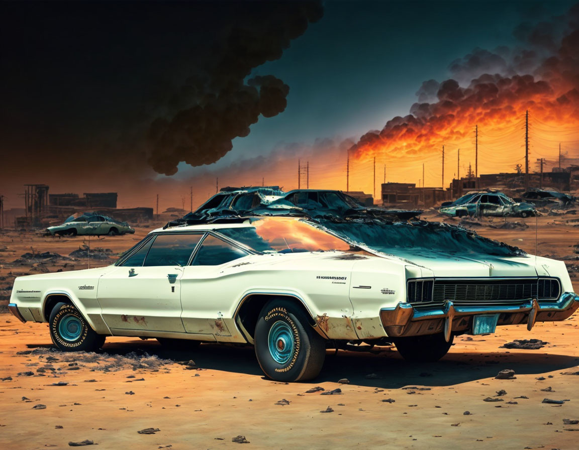 Vintage White Car Among Rusty Wrecks in Desolate Landscape