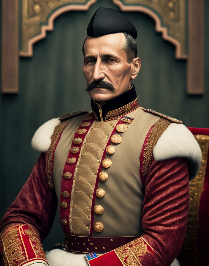 Regal man in ceremonial military uniform with medals and fez cap.