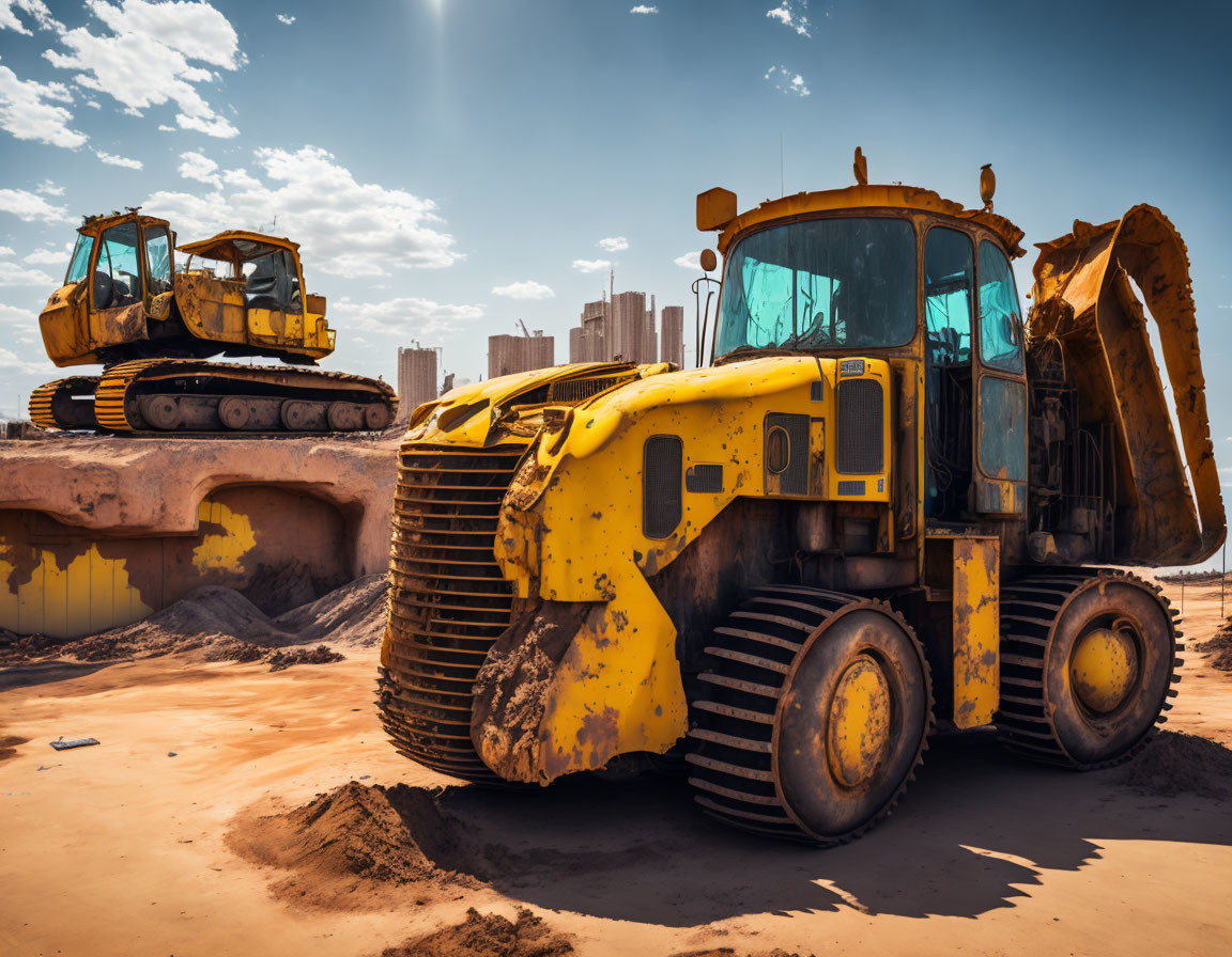 Yellow bulldozer on sandy worksite with urban skyline and blue sky