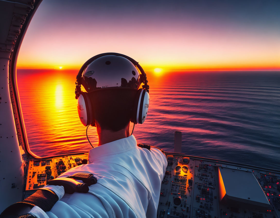 Pilot in cockpit with headset, controlling aircraft at ocean sunset