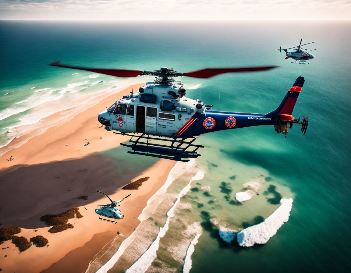 Helicopters Flying Low Over Coastal Area with Turquoise Water