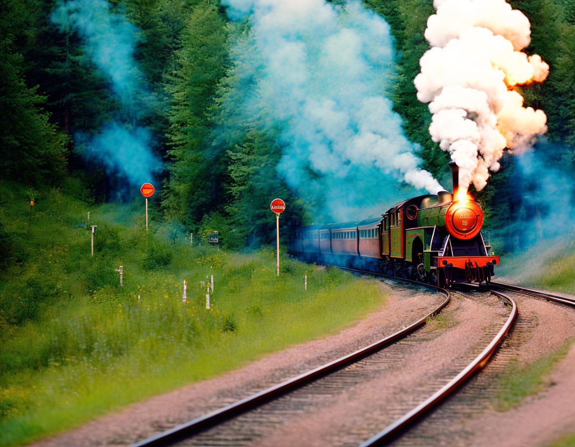 Vintage Steam Locomotive Puffing White Smoke on Forested Track at Dusk