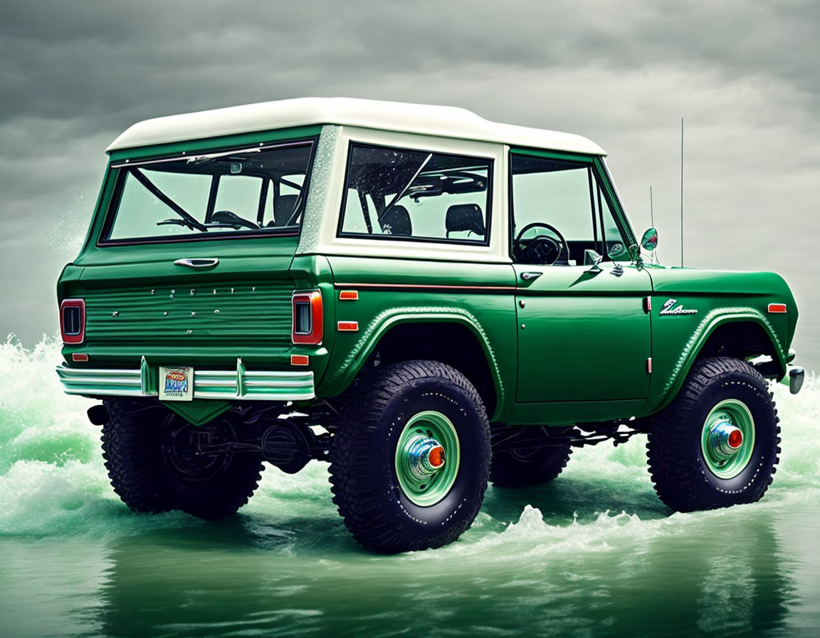 Vintage Green Ford Bronco Driving Through Water Under Cloudy Sky