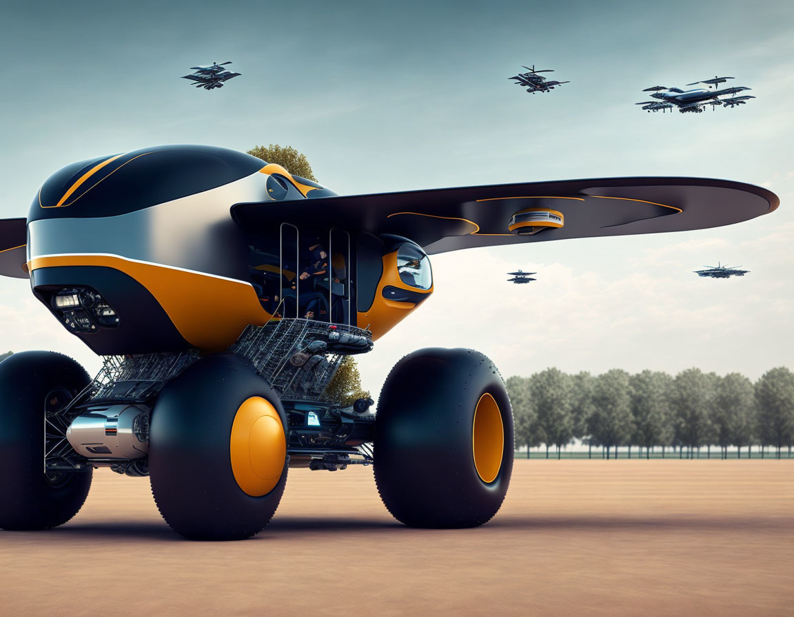 Sleek all-terrain vehicle with large wheels and propellers on plain